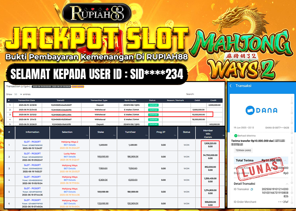 RUPIAH88 JACKPOT SLOT MAHJONG WAYS 2 Rp.10.000.000,- LUNAS